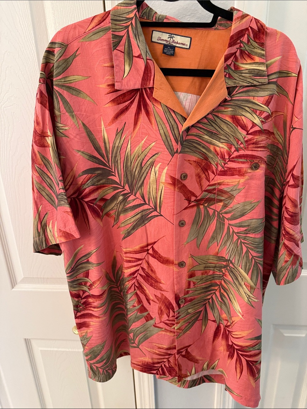 Tommy Bahama Coral and Olive Tropical Leaf Camp Shirt